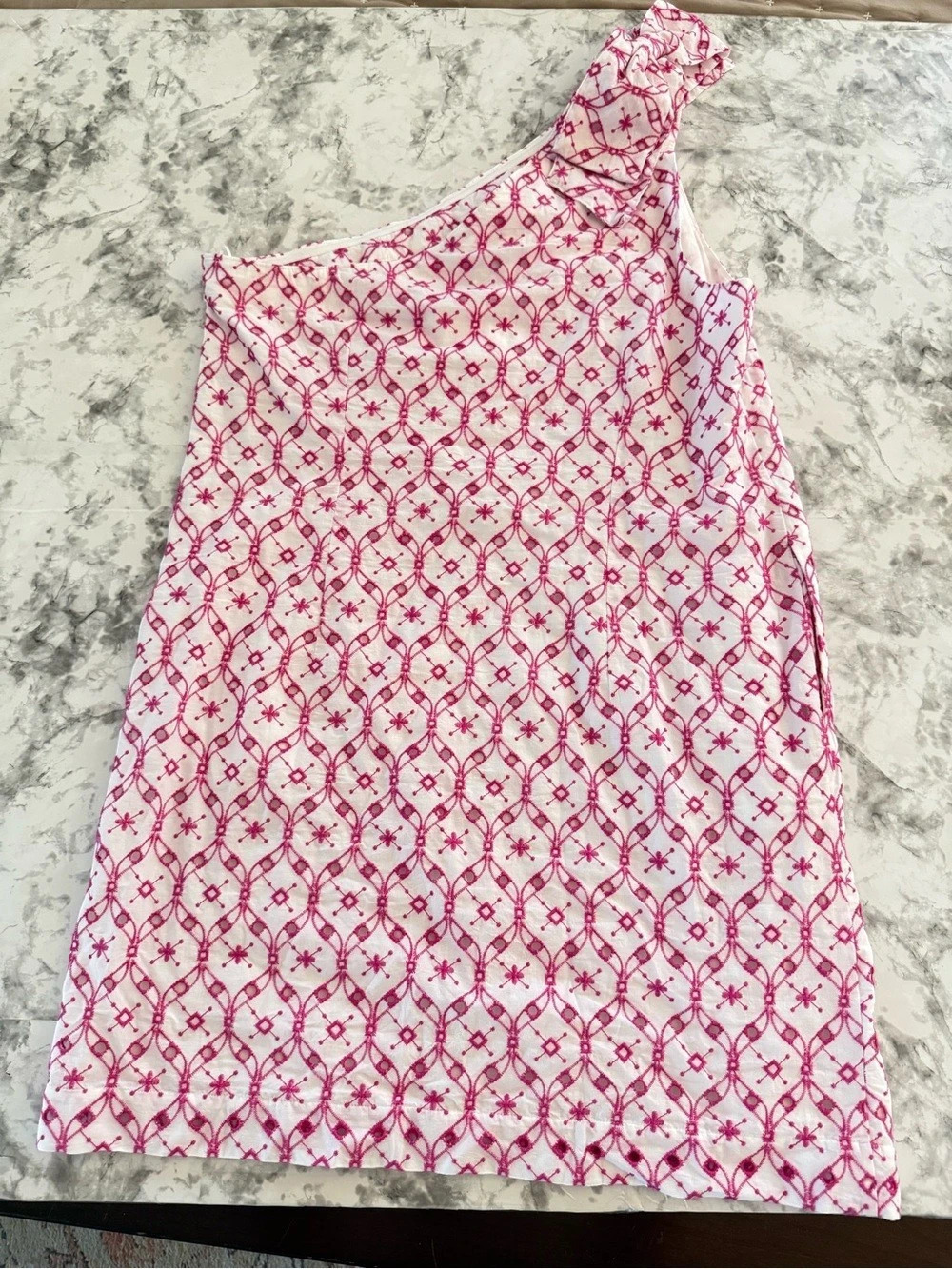 J.Crew One-Shoulder Bow Eyelet Embroidered Dress Geometric Top in Pink & White